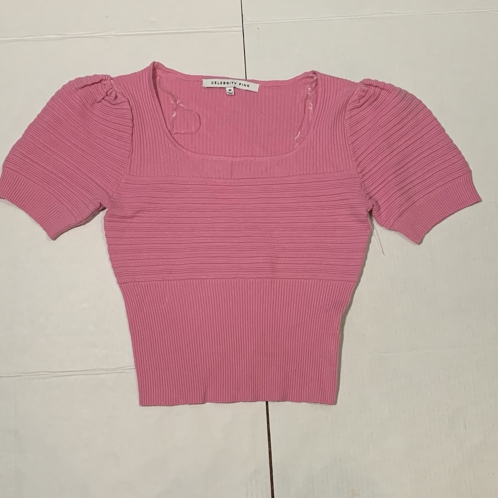 Celebrity Pink Shirt  Pink Stretch Crop‎ Top Short Puff Sleeve Size M